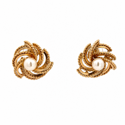 14K Yellow Gold Cultured Pearl Swirl Earrings | Textured Rope Motif