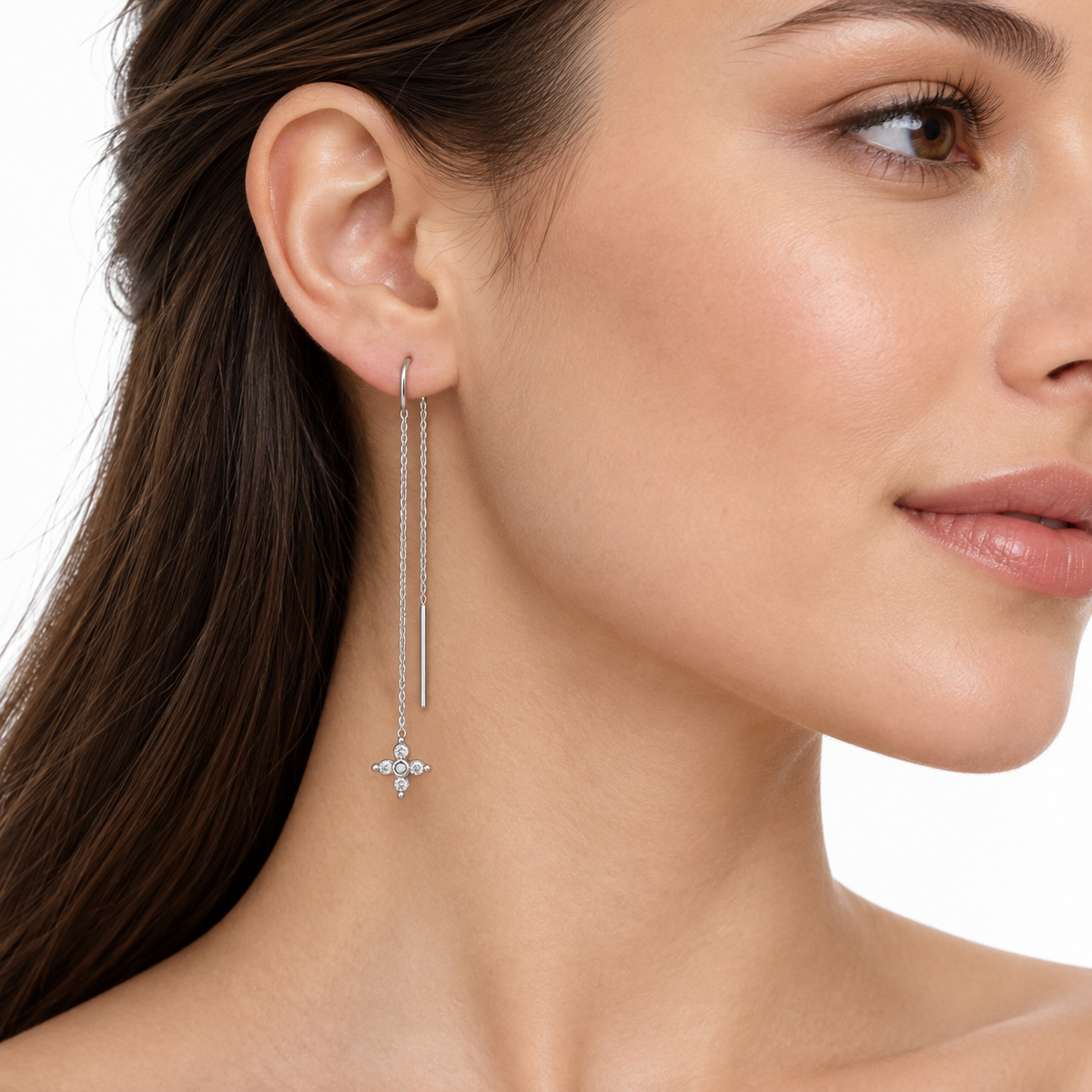 14K White Gold Diamond Star Threader Earrings