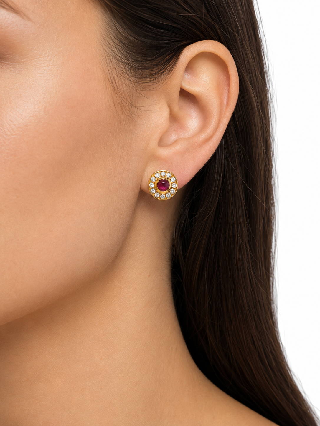 Vintage 18K Gold Cabochon Ruby & Diamond Halo Earrings