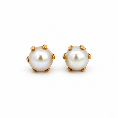 Yellow Gold 7mm Pearl Six-Prong Post Earrings
