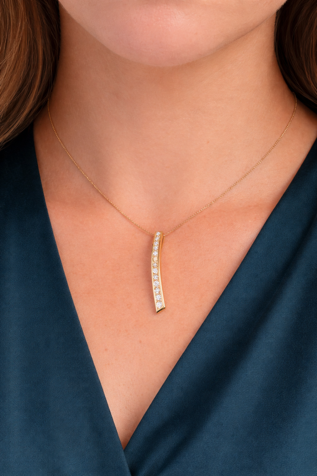 Diamond Curved Bar Pendant Necklace in 14K Yellow Gold with Box Chain