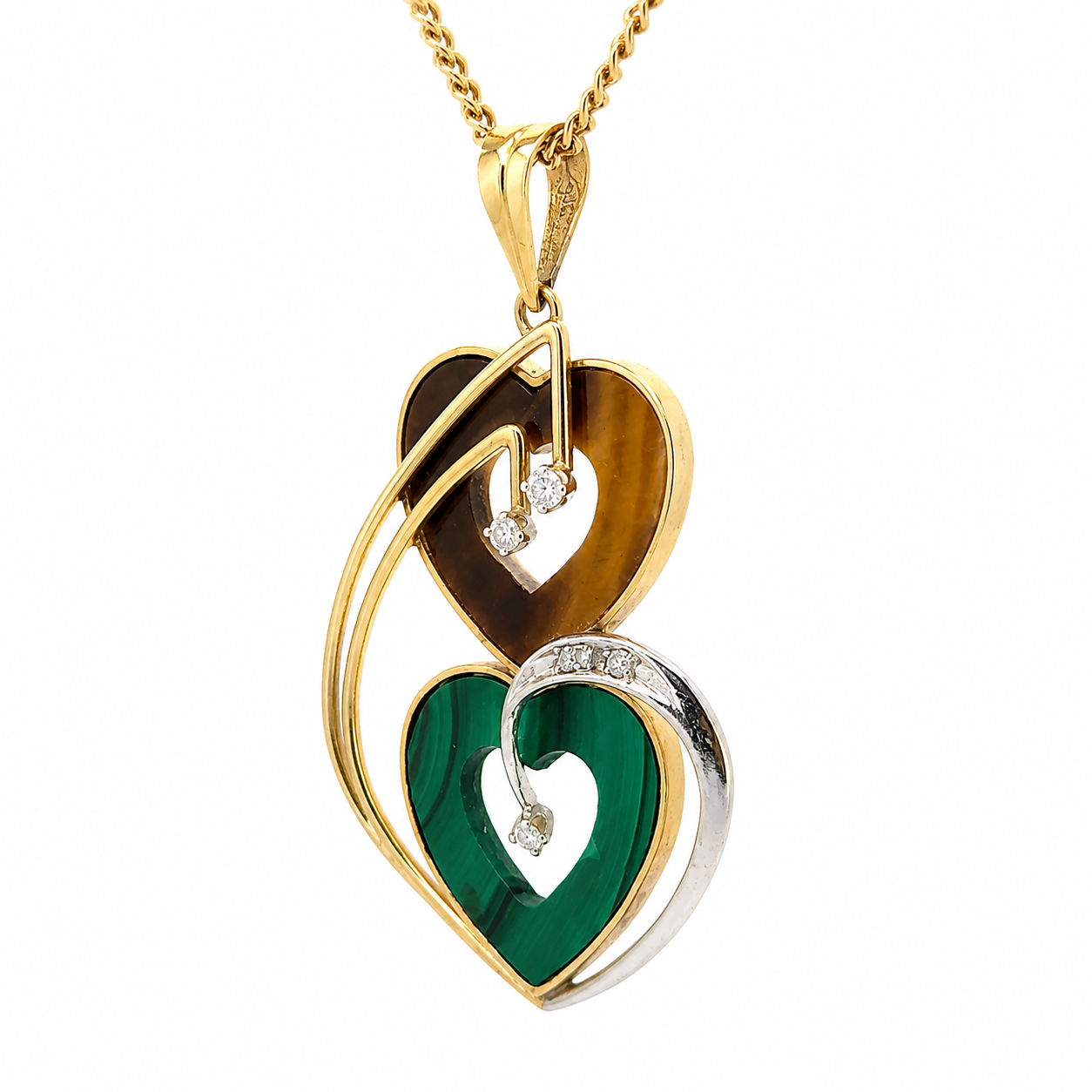 14K Yellow & White Gold Malachite, Tiger’s Eye & Diamond Double Heart Pendant