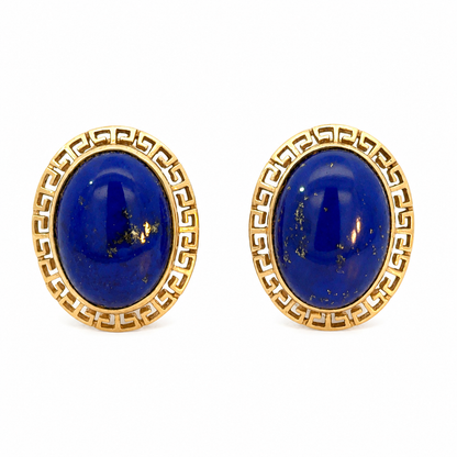 Vintage 14K Yellow Gold Lapis Lazuli Greek Key Motif Earrings