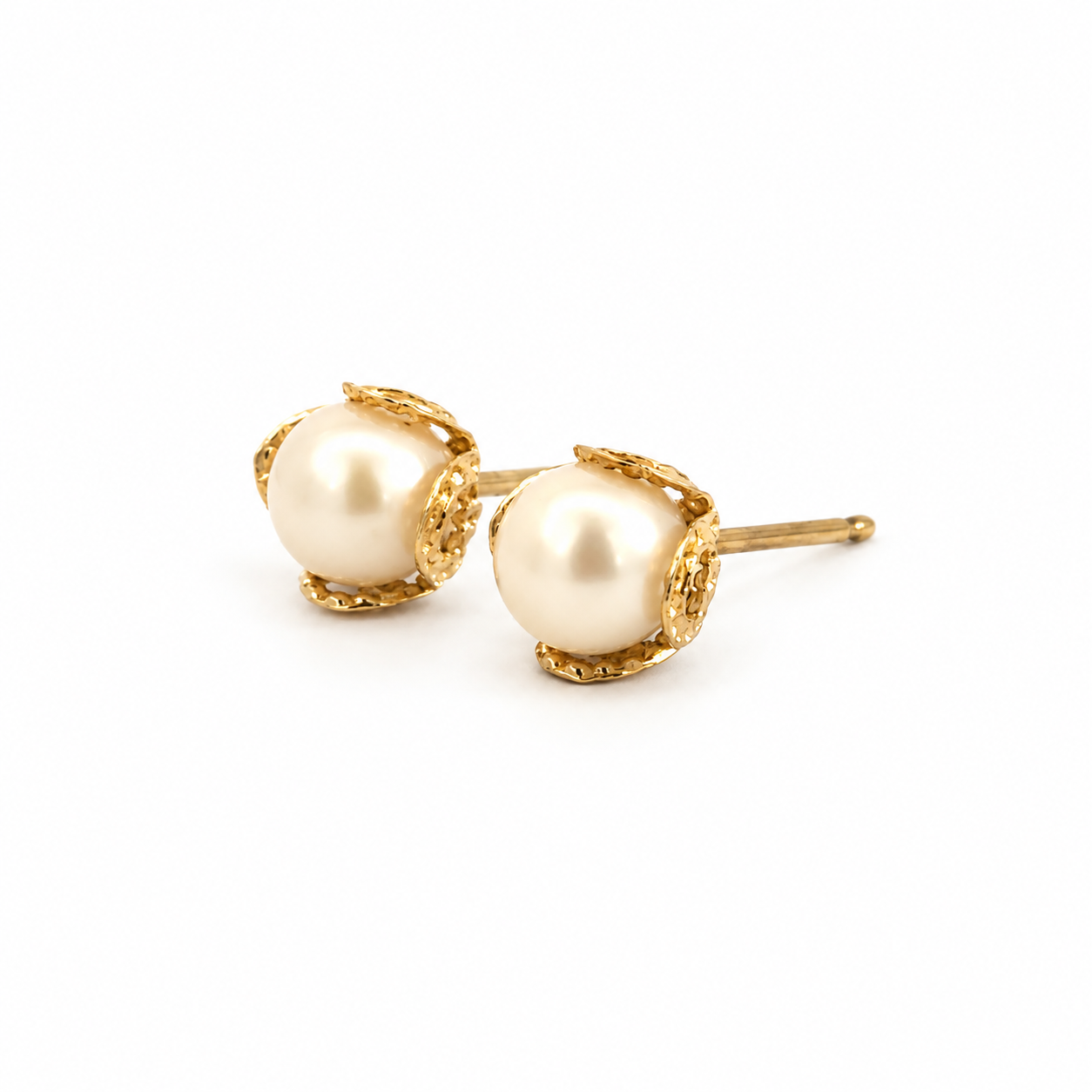 14K Yellow Gold Pearl Bud Floral Stud Earrings
