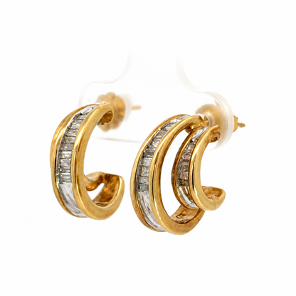 14K Yellow Gold Baguette Diamond Double Hoop Earrings