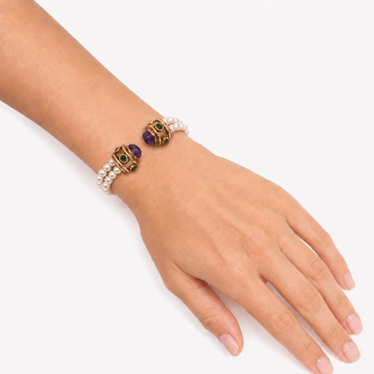 14K Yellow Gold Double-Strand Pearl, Emerald & Amethyst Bangle