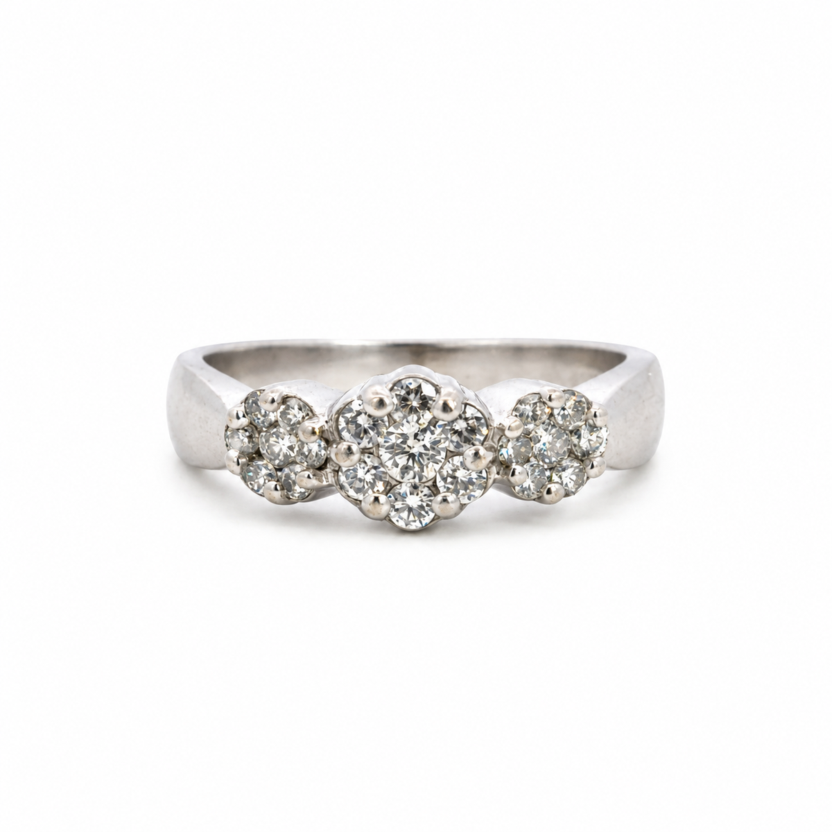 14K White Gold Three-Cluster Diamond Ring