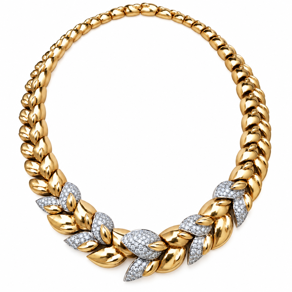 Vintage 18K Yellow Gold Diamond Leaf-Link Collar Necklace