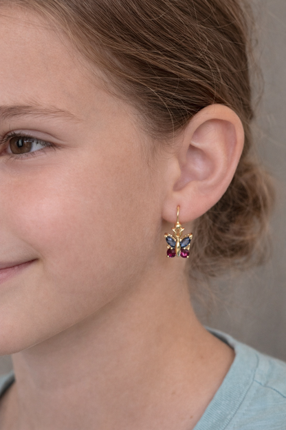 14K Yellow Gold Butterfly Earrings with Tanzanite & Pink Tourmaline