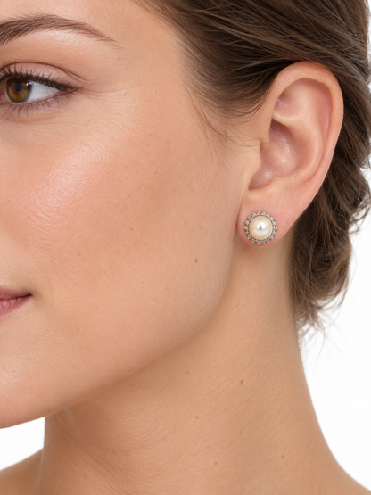 14K Yellow Gold Pearl & Diamond Halo Stud Earrings
