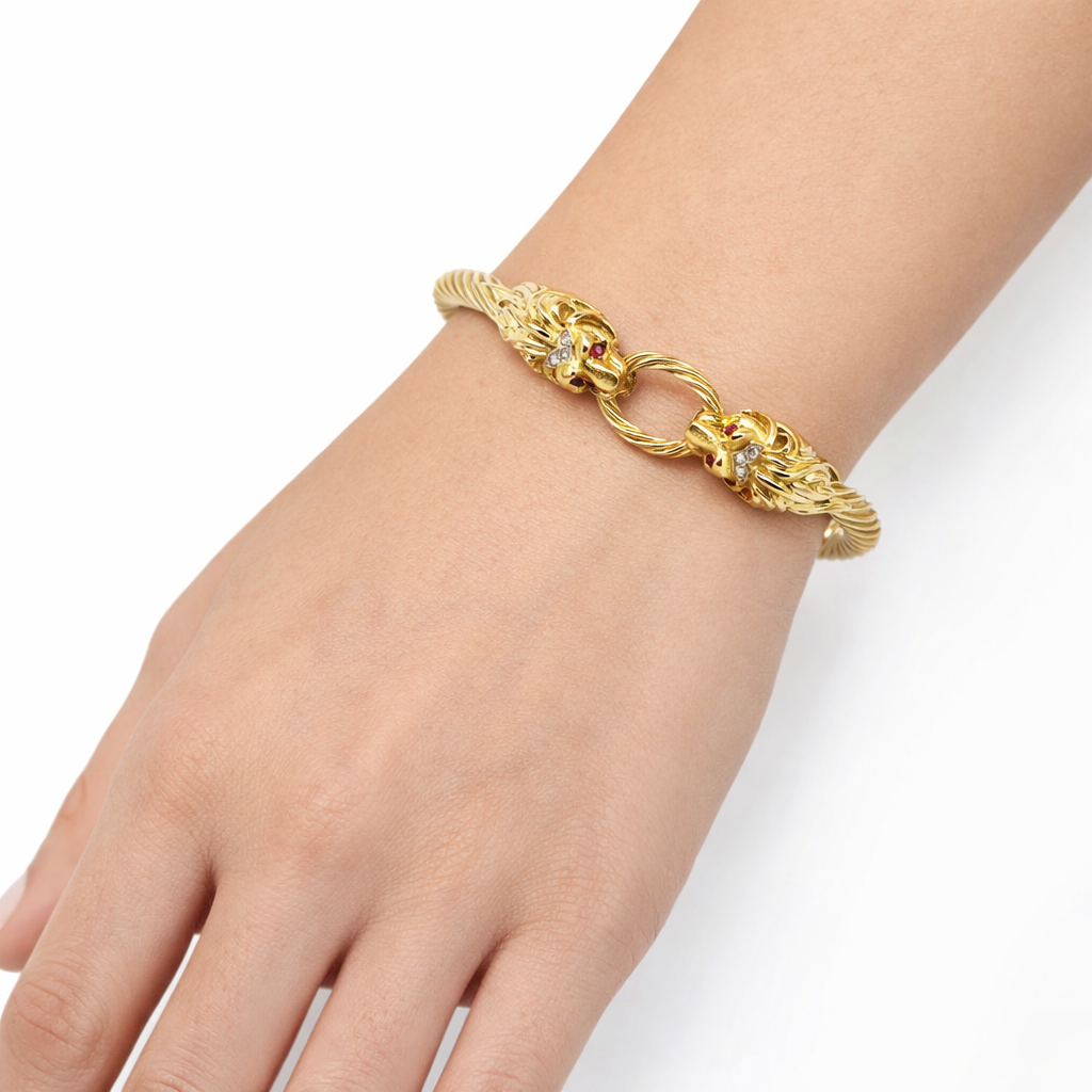 18K Gold Lion Head Bangle Bracelet with Ruby Eyes and Diamond Crown