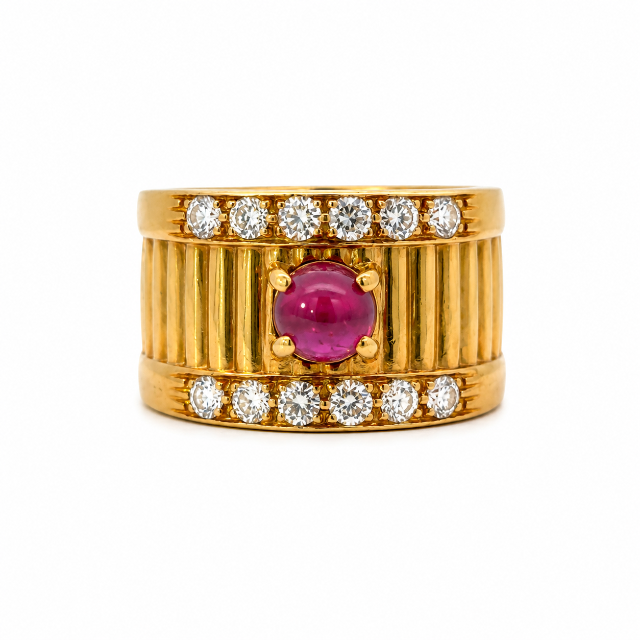 18K Yellow Gold Ribbed Ruby & Diamond Ring