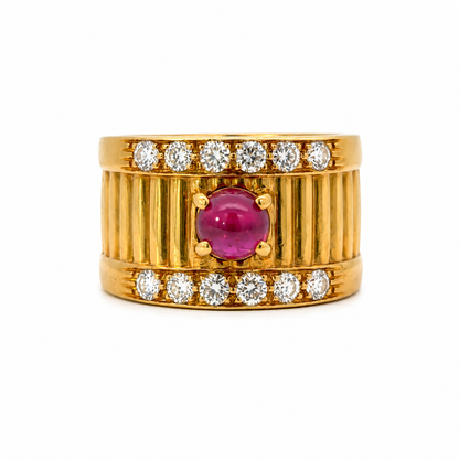 18K Yellow Gold Ribbed Ruby & Diamond Ring