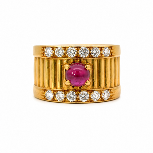 18K Yellow Gold Ribbed Ruby & Diamond Ring