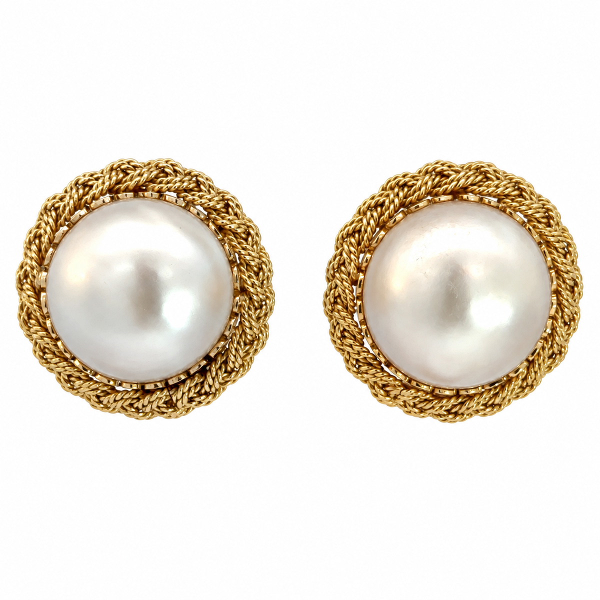 14K Yellow Gold Mabé Pearl Earrings with Braided Gold Surround – French Clips