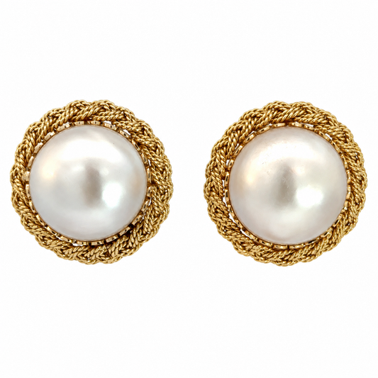 14K Yellow Gold Mabé Pearl Earrings with Braided Gold Surround – French Clips