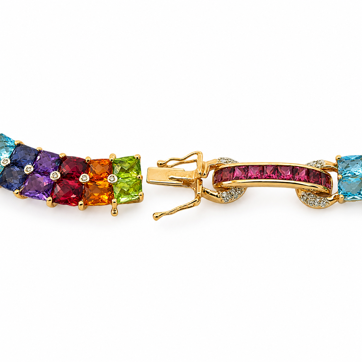 Luxury 18K Gold Rainbow Gemstone Necklace with Diamonds – 70CT Natural Stones, 16”