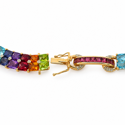 Luxury 18K Gold Rainbow Gemstone Necklace with Diamonds – 70CT Natural Stones, 16”