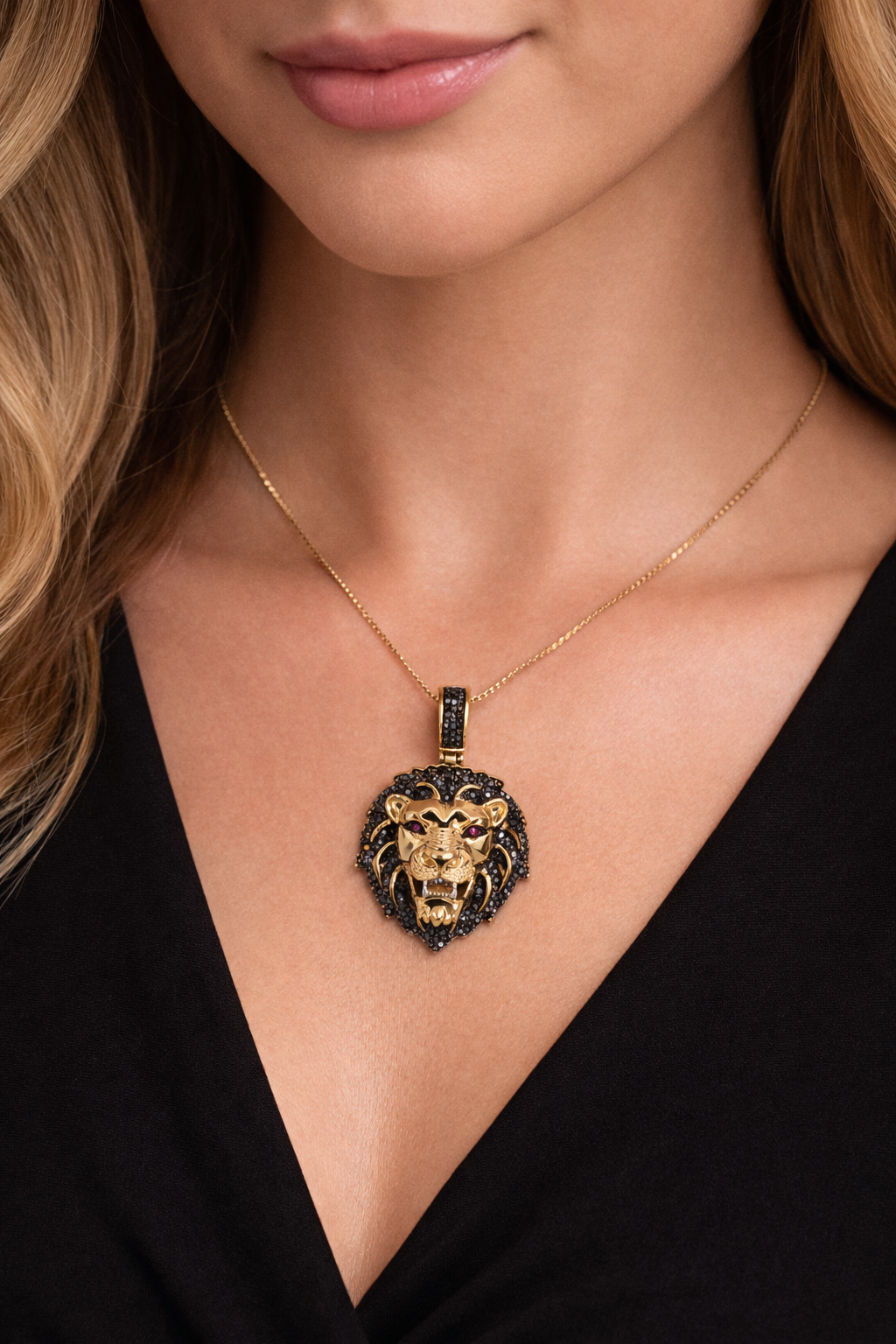 Lion Head Pendant with Black Diamonds & Ruby Eyes – Yellow Gold