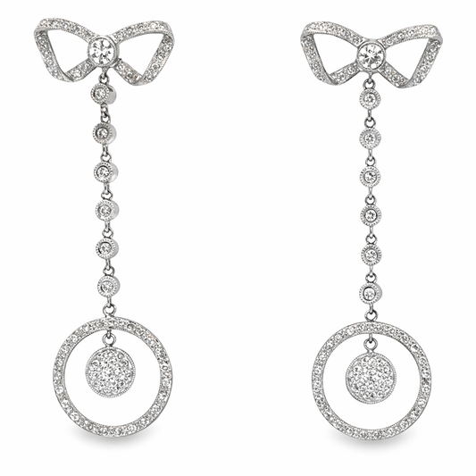 18K White Gold Diamond Bow Drop Earrings