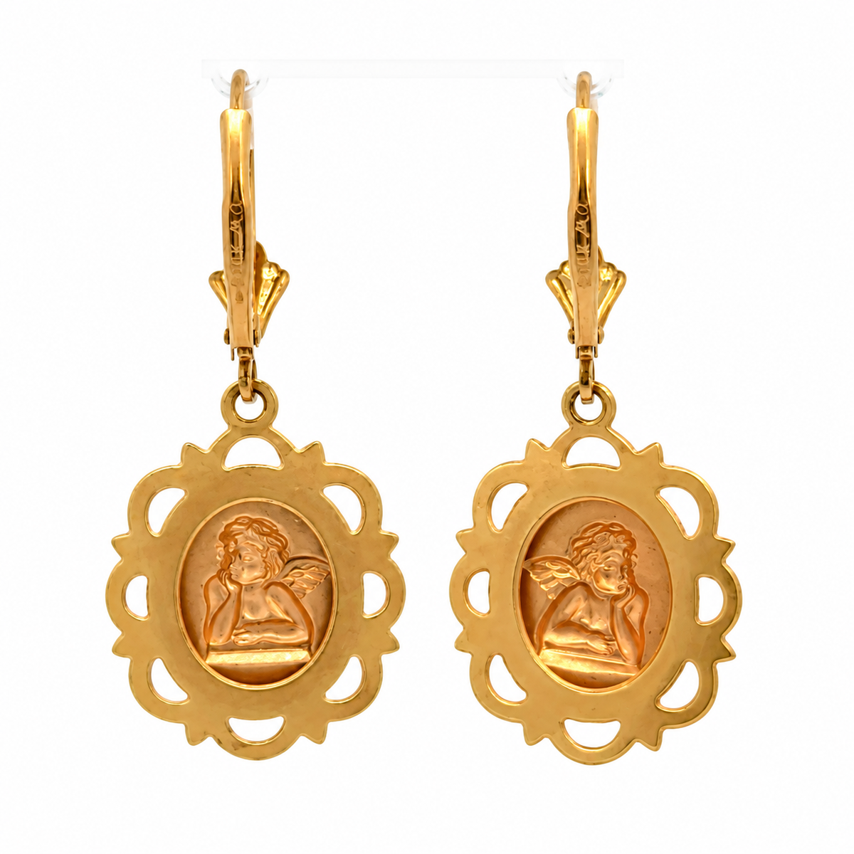 14K Yellow Gold Cherub Medallion Drop Earrings