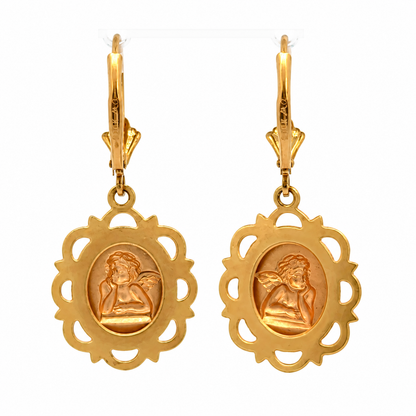 14K Yellow Gold Cherub Medallion Drop Earrings