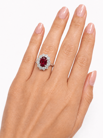 Elegant 18K White Gold Oval Ruby Ring with Diamond Halo