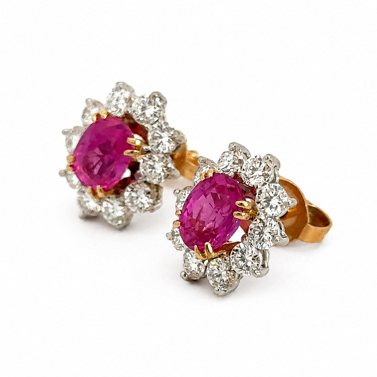 Bright Pink Ruby Diamond Halo Stud Earrings in 18K Two-Tone Gold
