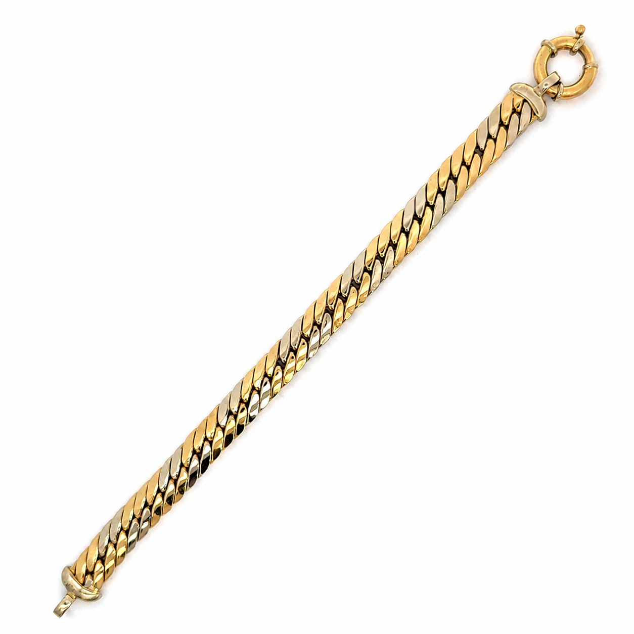 Vintage 1980’s 18K Two-Tone Gold Woven Link Bracelet with Decorative Spring Ring Clasp