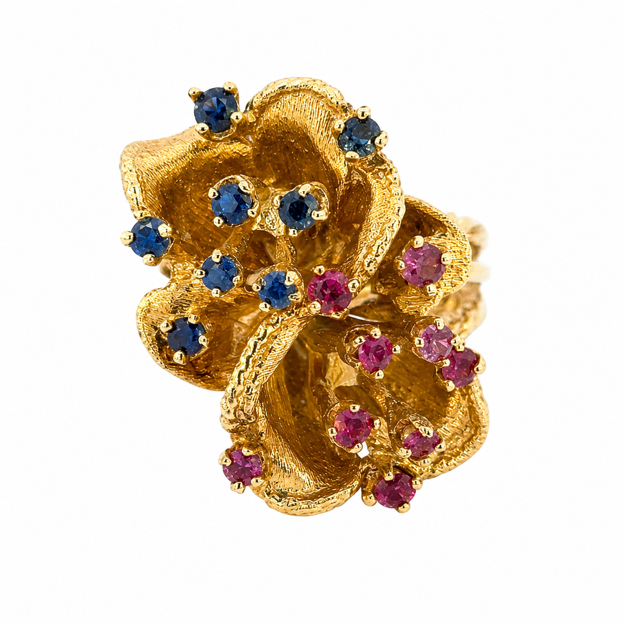 1960’s     Vintage 14K Gold Ruby & Sapphire Double Bloom Ring