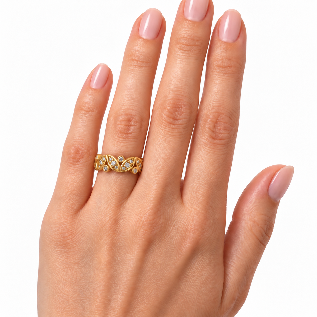18K Yellow Gold Diamond Leaf Band Ring