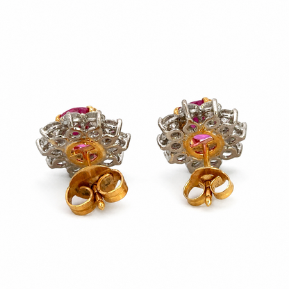 Bright Pink Ruby Diamond Halo Stud Earrings in 18K Two-Tone Gold