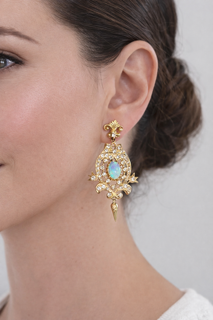 Ornate Vintage Opal and Diamond Earrings in 14K Gold