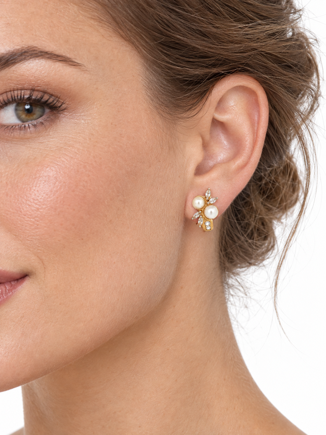 Yellow Gold Pearl & Cubic Zirconia Leaf Earrings