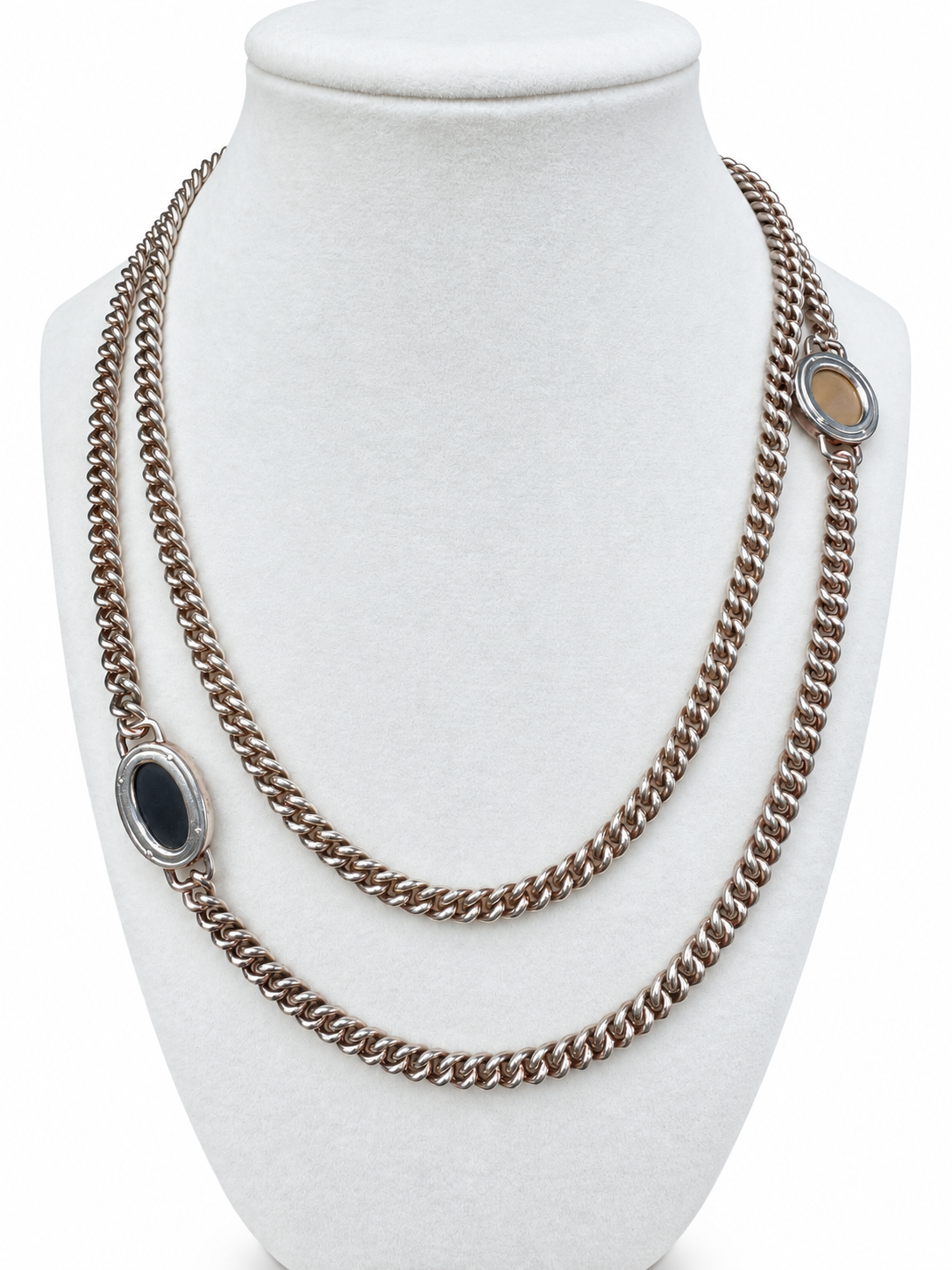 Vintage Hermès Silver Tiger’s Eye & Onyx 38” Sautoir Necklace with Original Box