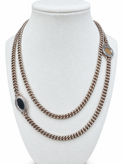 Vintage Hermès Silver Tiger’s Eye & Onyx 38” Sautoir Necklace with Original Box