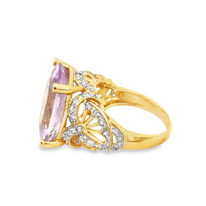 14K Yellow Gold Pastel Lavender Hue Amethyst & CZ Statement Ring