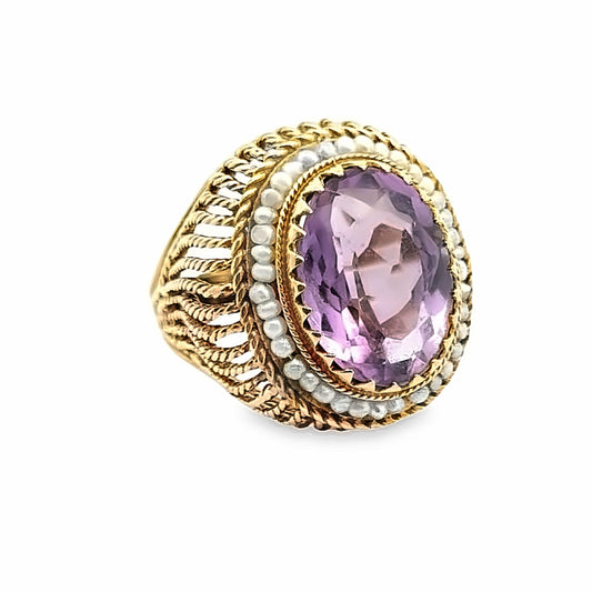 Estate 1950's 14K Yellow Gold Rope Design Cocktail Ring with Large Amethyst & Seed Pearls