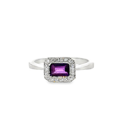 14K White Gold Delicate Amethyst & Diamond Halo Ring