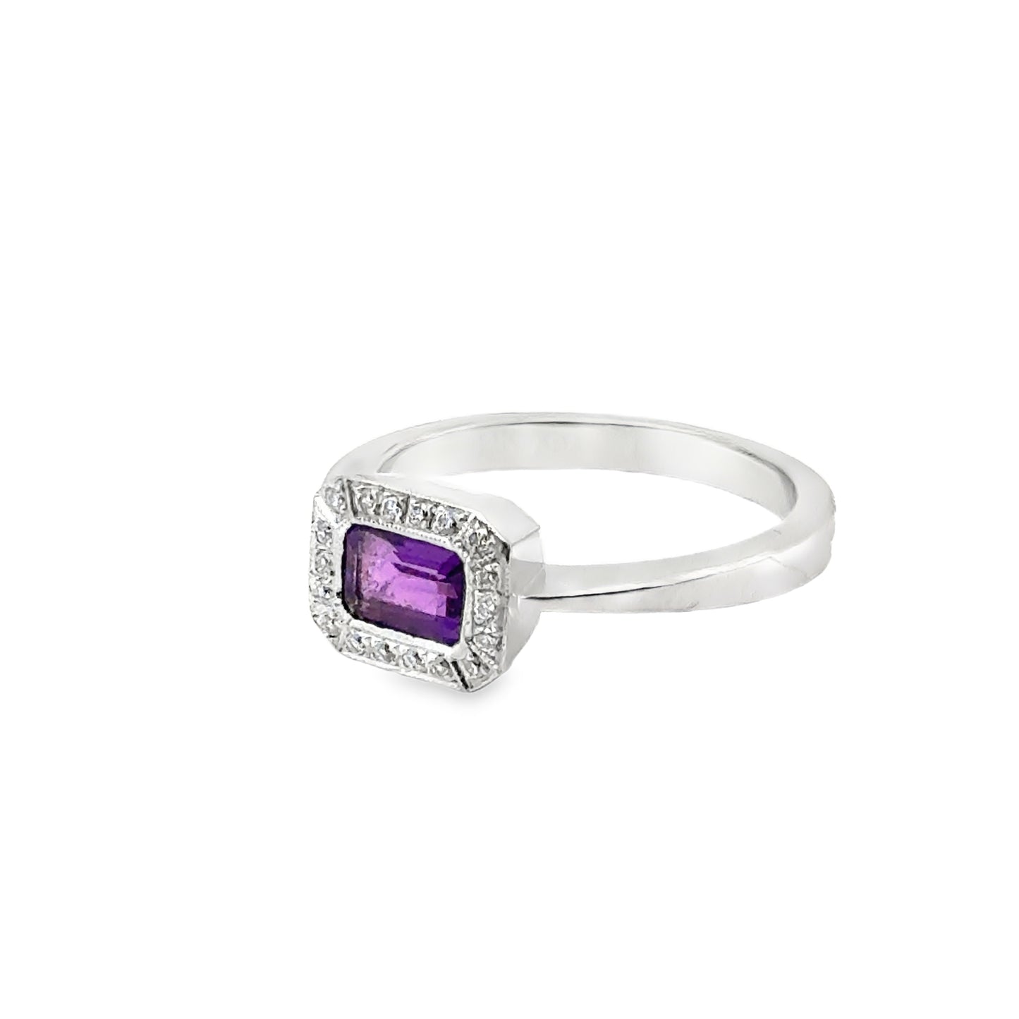 14K White Gold Delicate Amethyst & Diamond Halo Ring