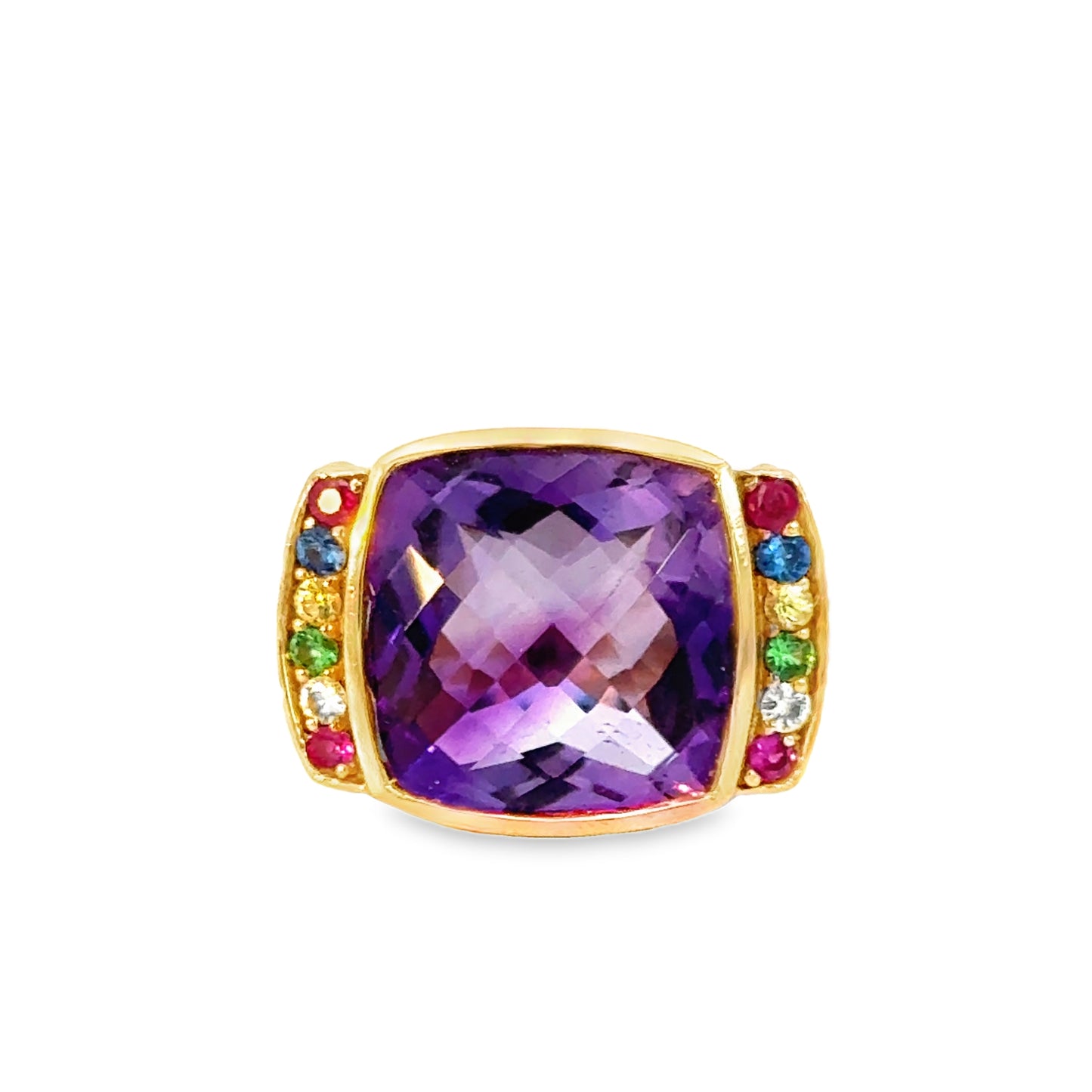 14K Rose Gold Amethyst Checkerboard Cut & Multi-Gemstone Wide Band Ring