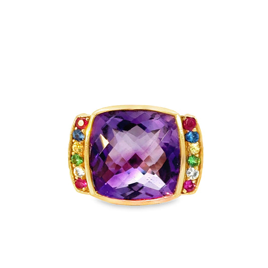 14K Rose Gold Amethyst Checkerboard Cut & Multi-Gemstone Wide Band Ring