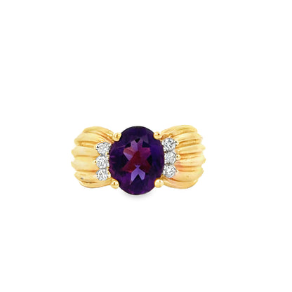 14K Yellow Gold Amethyst & Diamond Ring with Ribbed Gold Shoulders