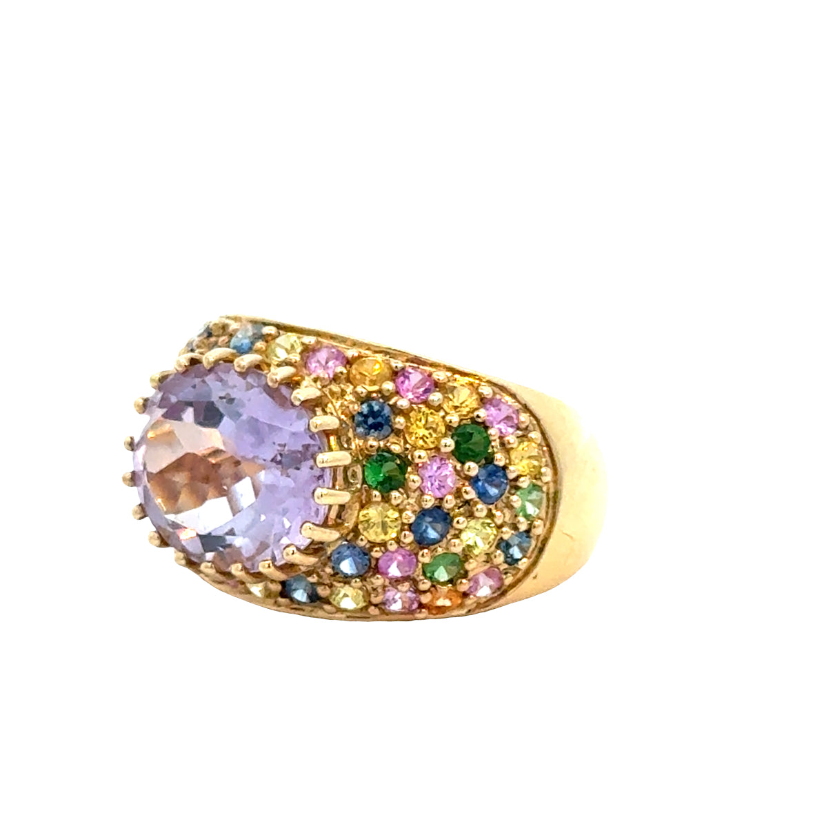 14K Yellow Gold Multicolor Gemstone Dome Ring with Amethyst Center