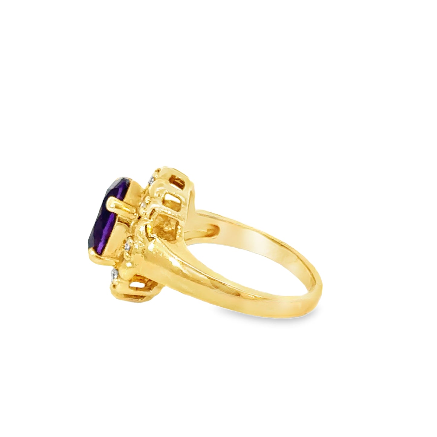 14K Yellow Gold Amethyst & Diamond Petal Halo Ring