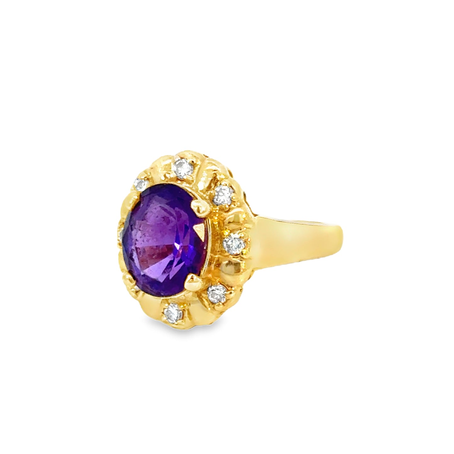 14K Yellow Gold Amethyst & Diamond Petal Halo Ring