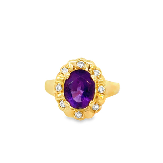 14K Yellow Gold Amethyst & Diamond Petal Halo Ring