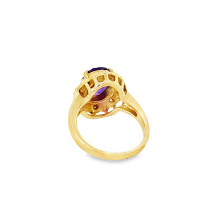 14K Yellow Gold Amethyst & Diamond Petal Halo Ring