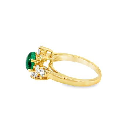 14K Yellow Gold Oval Emerald & Diamond Flower Halo Ring