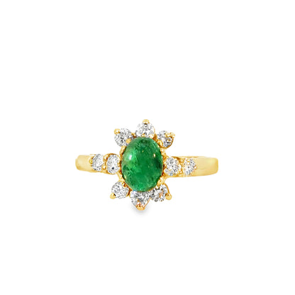 14K Yellow Gold Oval Emerald & Diamond Flower Halo Ring